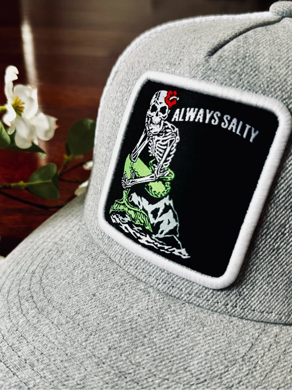 Wet Dreamz Surf Company “Always Salty” Trucker Hat SnapBack Gray/White Mesh